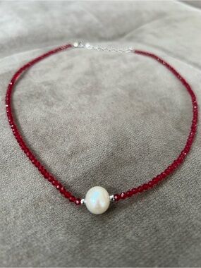 Red Crystal and Pearl Necklace Sterling Silver 16” -18”